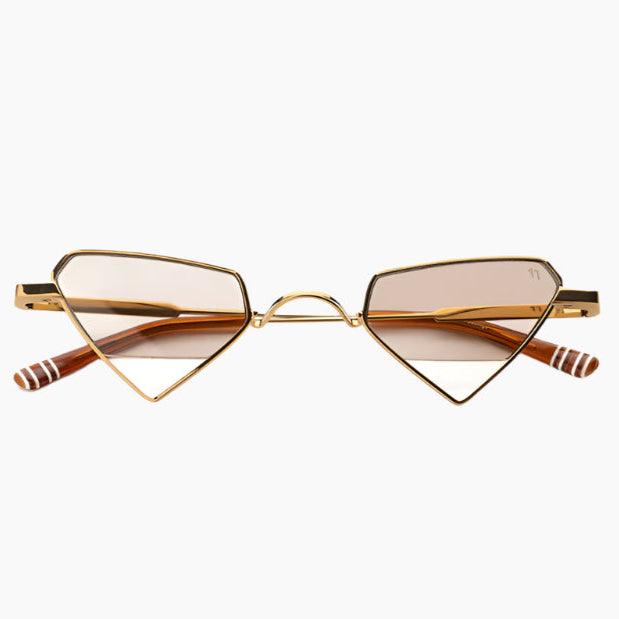 Gold-framed sunglasses with brown lenses on a white background