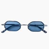 Sunglasses with blue lenses and black striped arms 