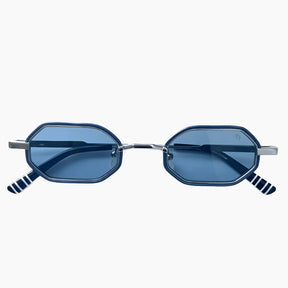 Sunglasses with blue lenses and black striped arms 