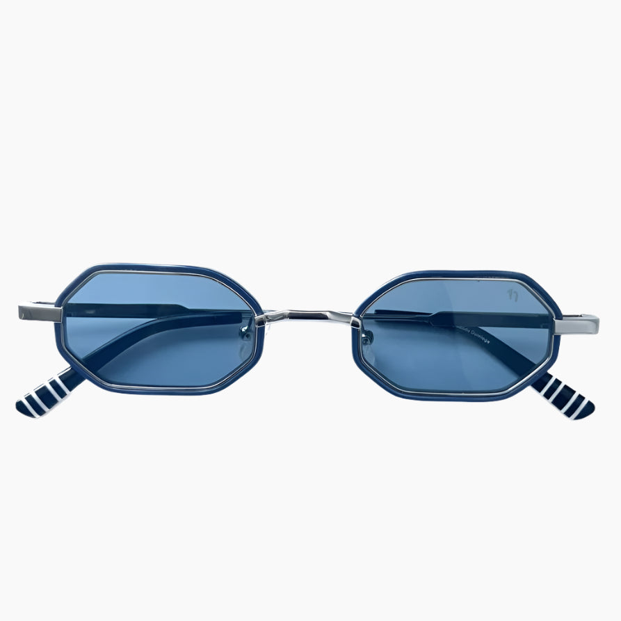 Sunglasses with blue lenses and black striped arms 