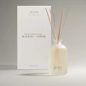 Fragrance diffuser with reeds and packaging labeled 'pluto' on a gray background