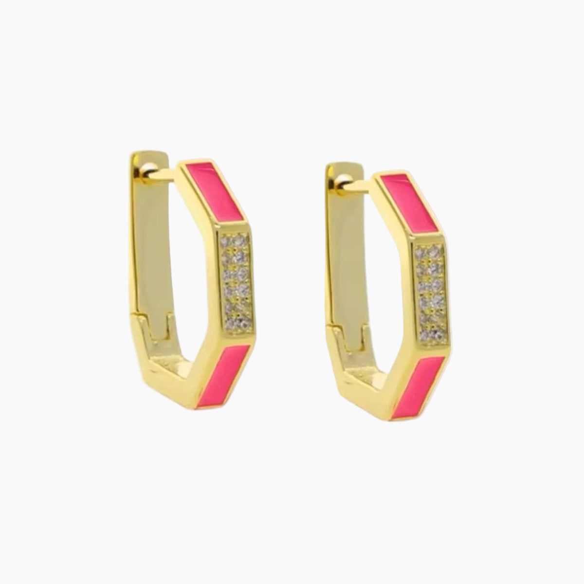 Gold hoop earrings with pink accents on a white background
