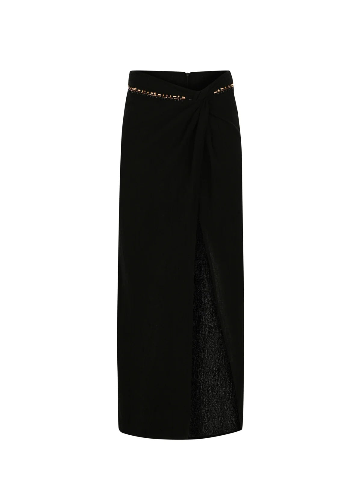 Black skirt with a gold waistband on a white background