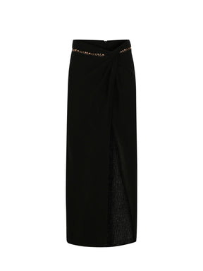 Black skirt with a gold waistband on a white background