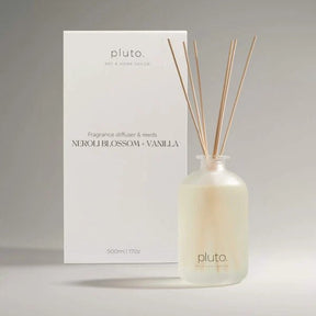 Fragrance diffuser with reeds and packaging labeled 'pluto' 