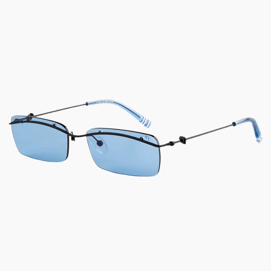 Blue-tinted eyeglasses with black frame 
