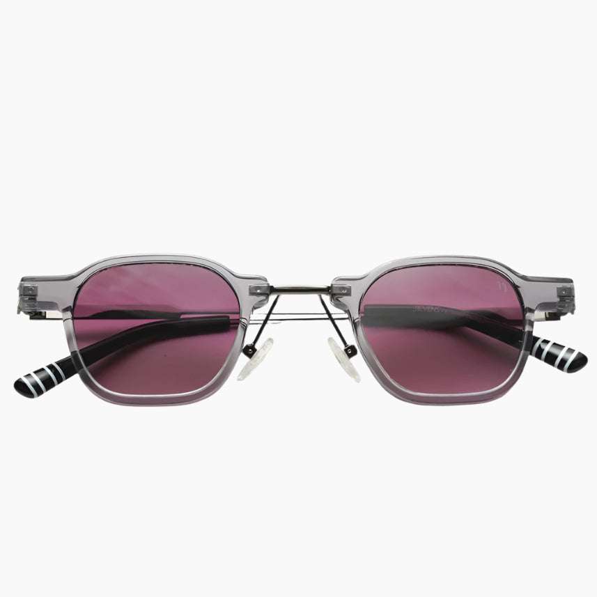 Sunglasses with dark pink lenses and striped arms 