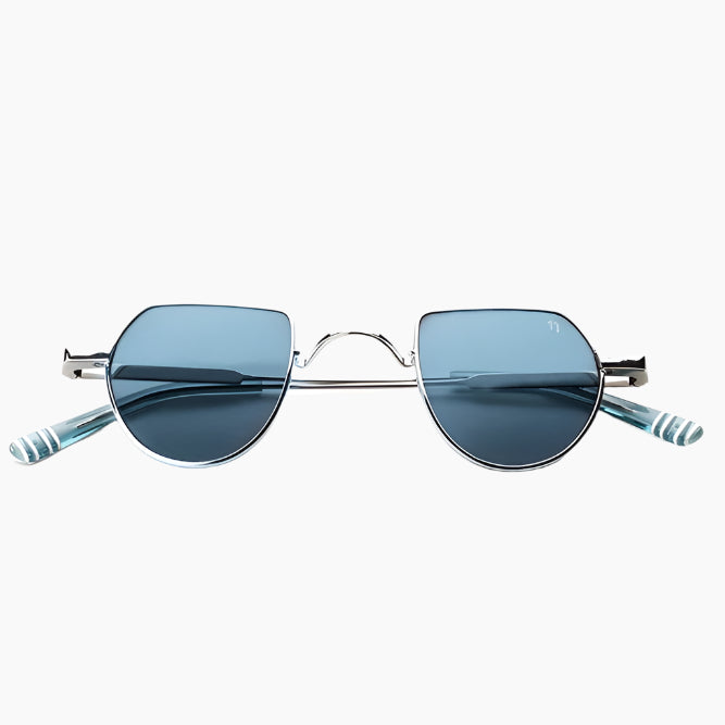 Sunglasses with blue lenses and silver frame 