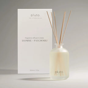 Pluto diffuser bottle with wooden sticks and packaging on a gray background