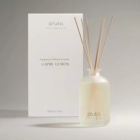 Fragrance diffuser with reeds and packaging labeled 'pluto' on a gray background