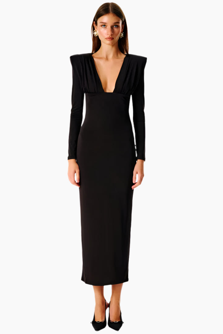 Black dress worn by a model 
