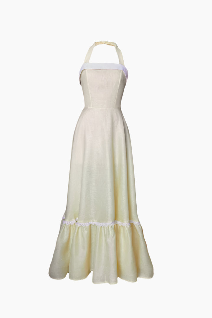 White halter neck dress with ruffled hem 