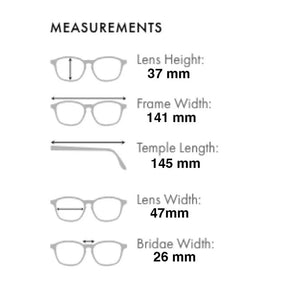 Glasses measurements chart with lens height, frame width, temple length, lens width, and bridge width listed.