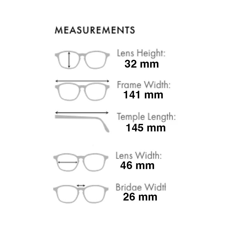 Glasses measurements chart with lens height, frame width, temple length, lens width, and bridge width 