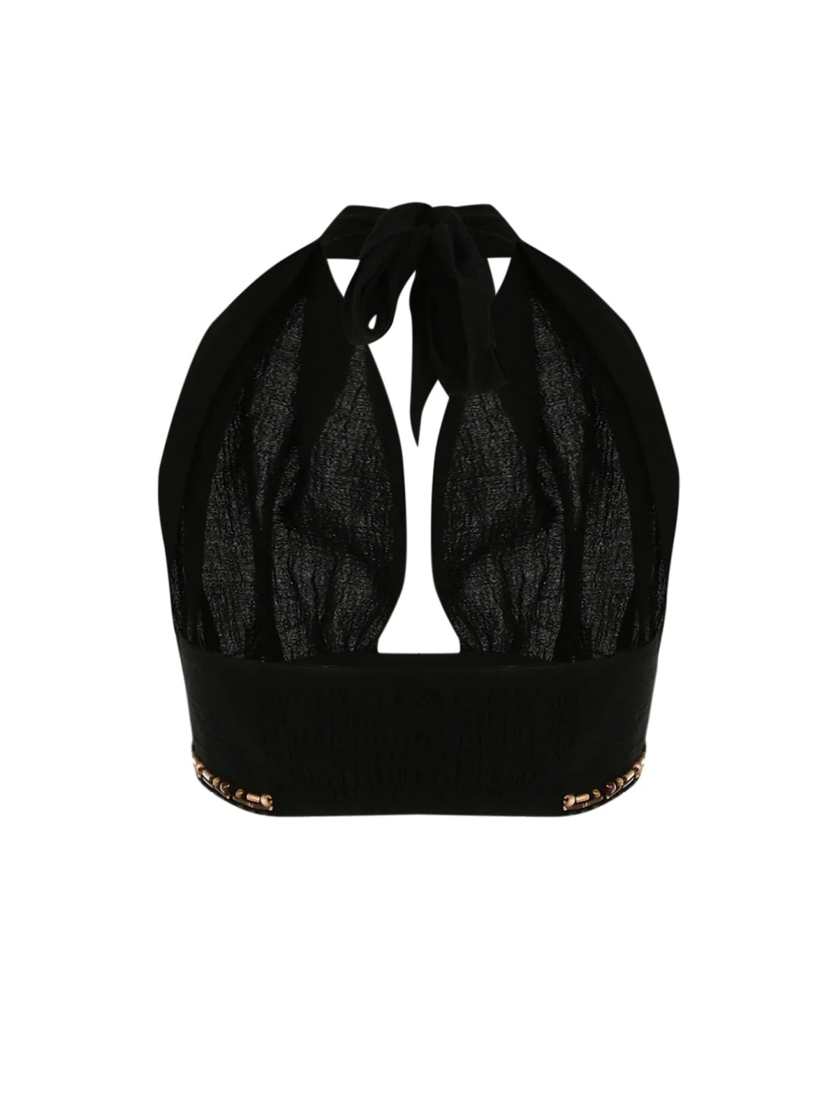 Black bikini top with halter neck design 