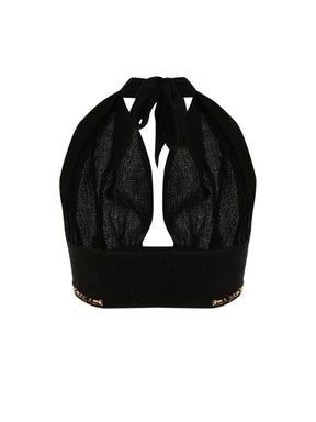 Black bikini top with halter neck design 