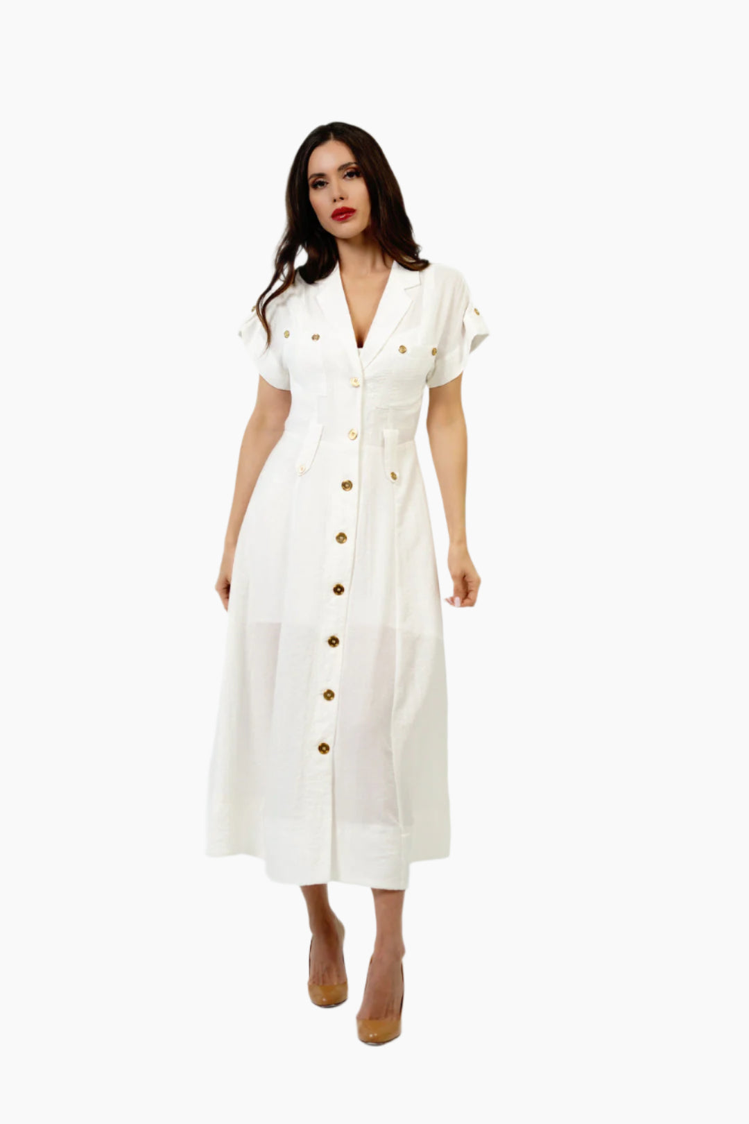 Woman wearing a white dress with gold buttons 