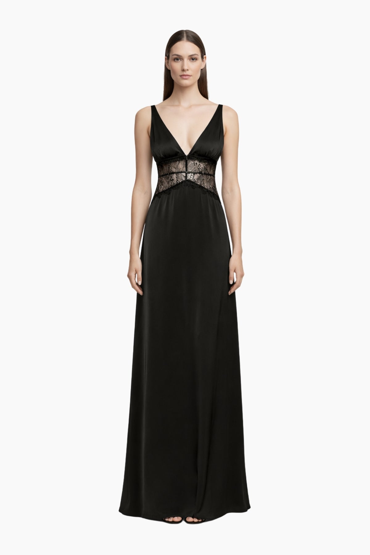 Black evening gown with lace detailing 