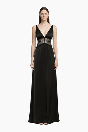 Black evening gown with lace detailing 