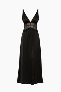 Black evening gown with lace detailing 