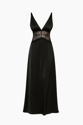Black evening gown with lace detailing 