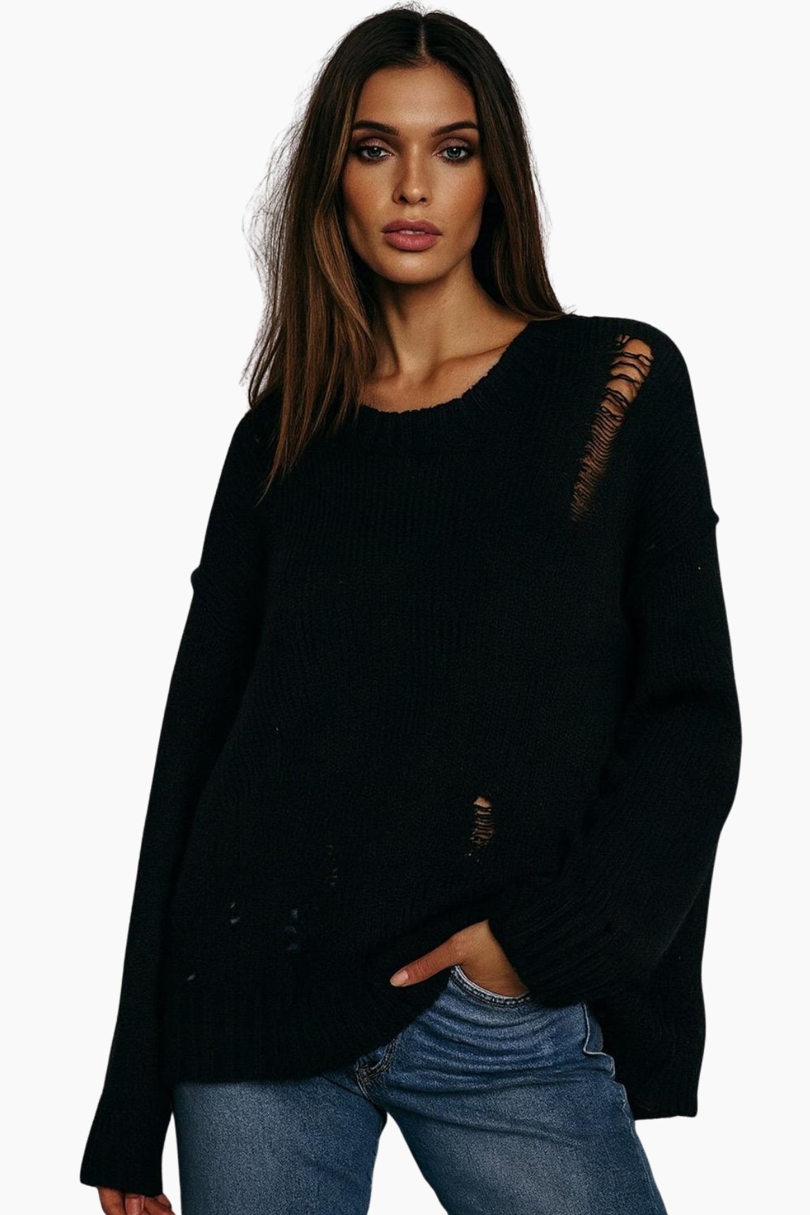 Woman wearing a black sweater with lace details 