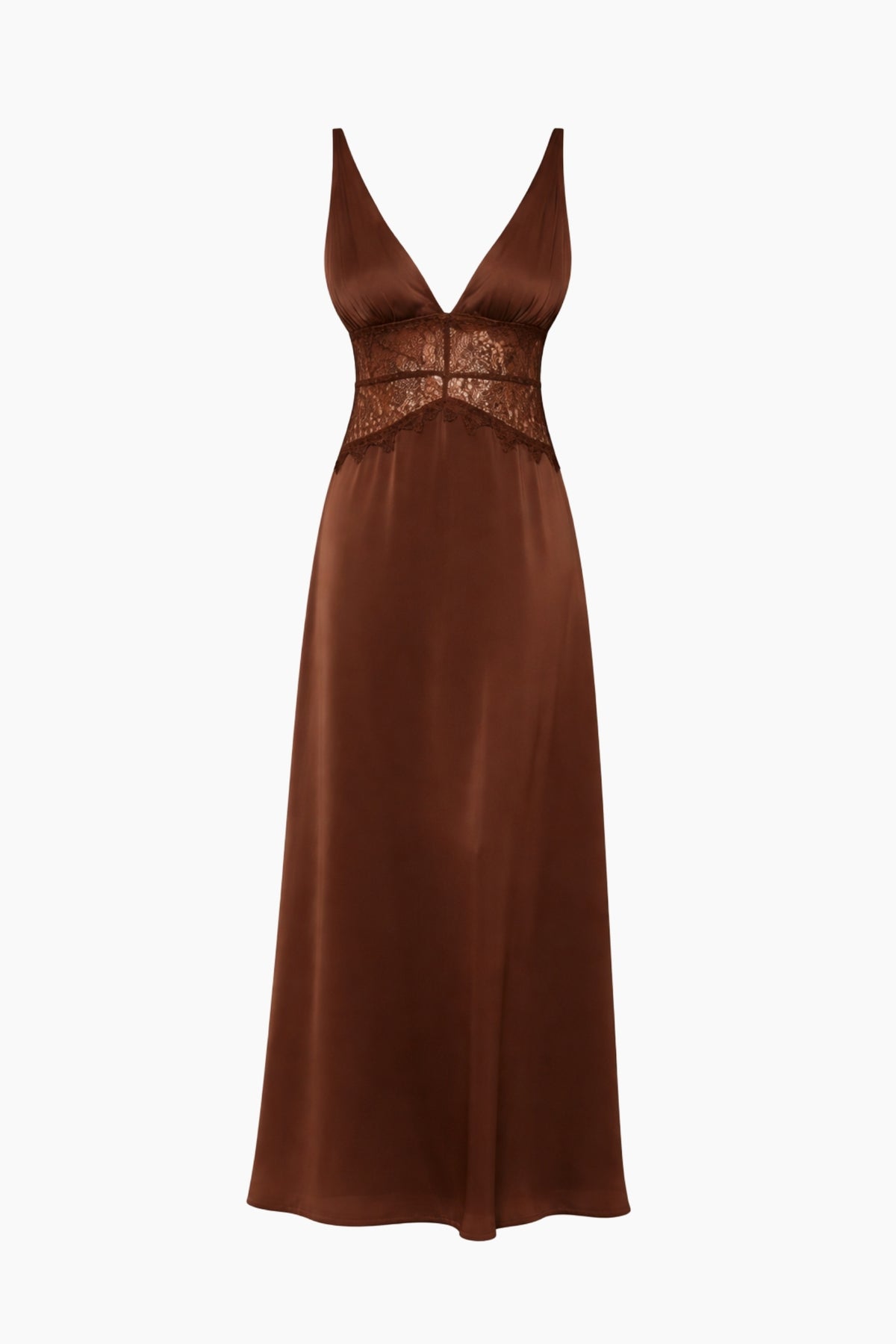 Brown evening gown with lace detailing
