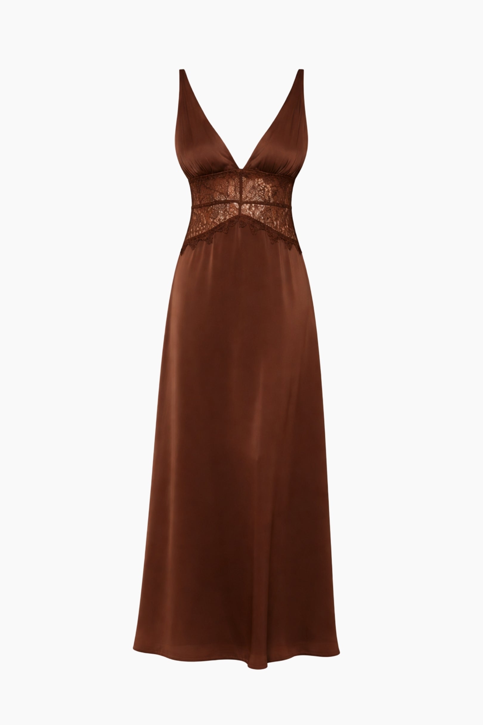 Brown evening gown with lace detailing