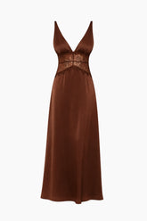 Brown evening gown with lace detailing
