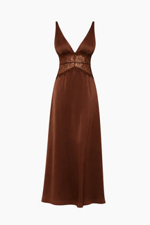 Brown evening gown with lace detailing