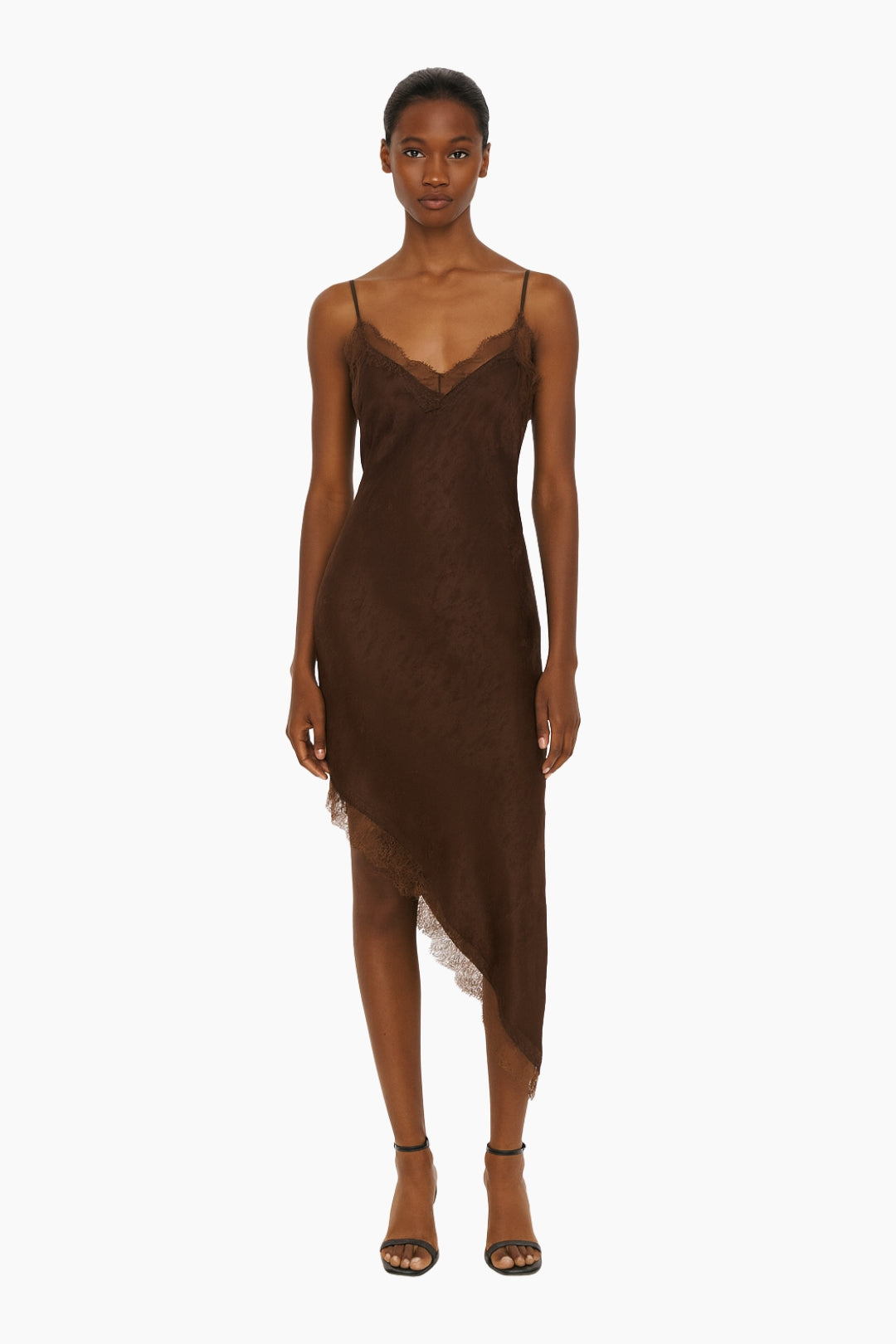 Woman wearing a brown slip dress 