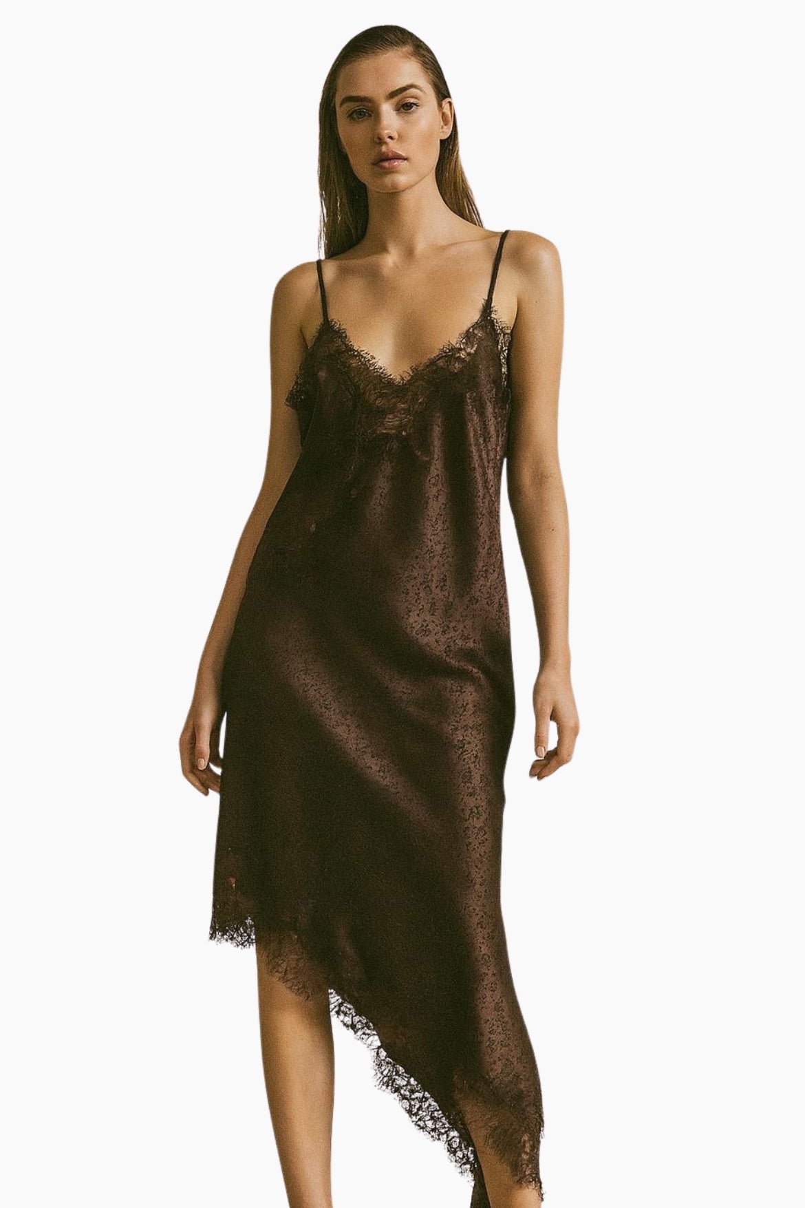 Woman wearing a brown lace slip dress 