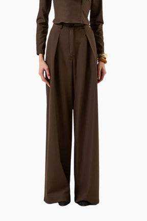 Brown outfit with wide-leg pants and a fitted top 