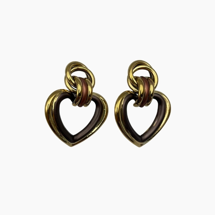 Pair of gold and brown heart-shaped earrings 