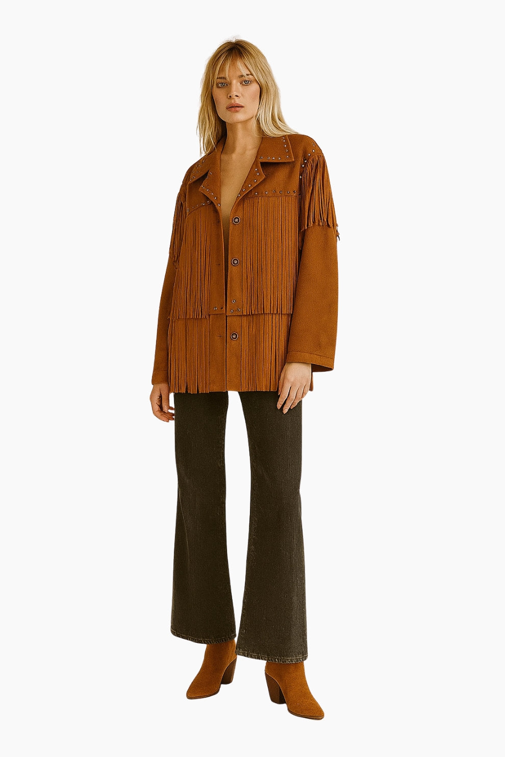 Woman wearing a brown fringed jacket and flared pants 