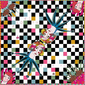 Colorful artwork with abstract figures and checkered pattern scarf