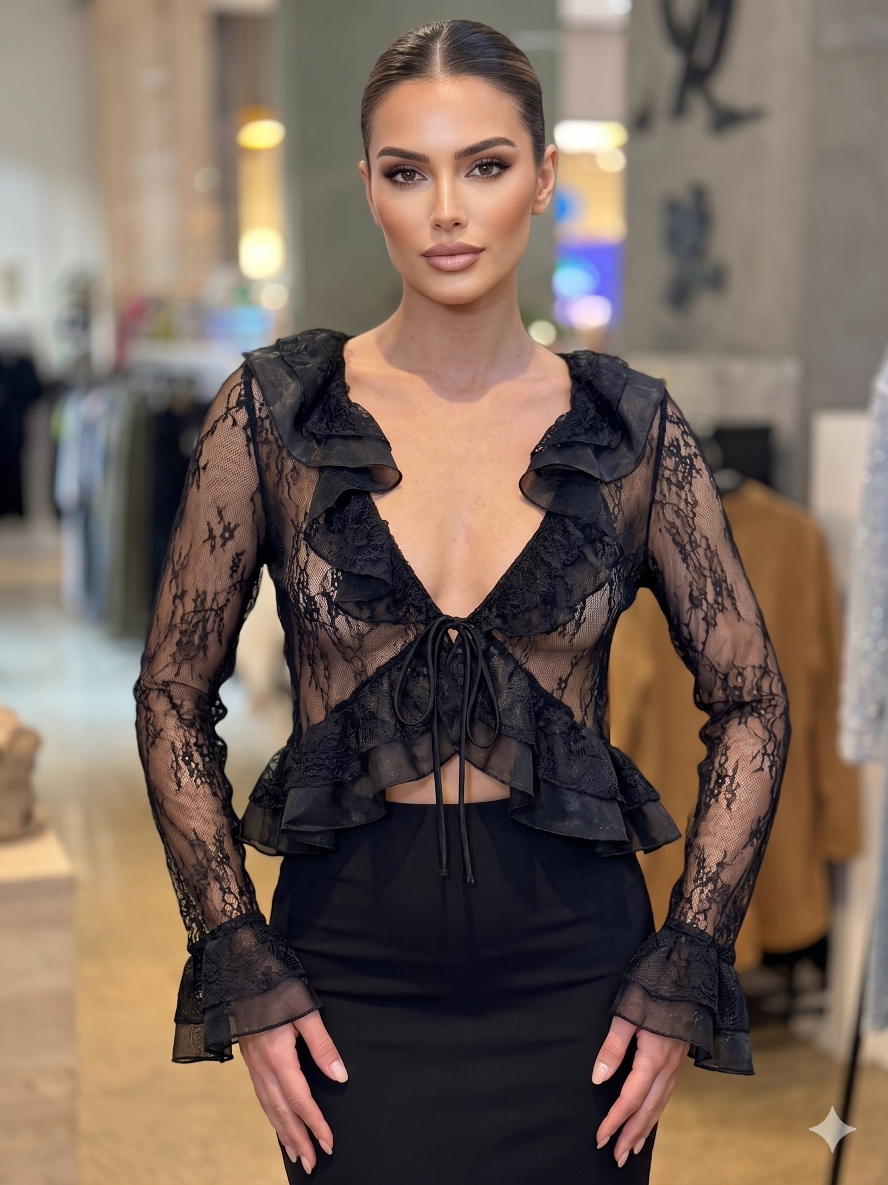 Woman wearing a black lace top in an indoor setting