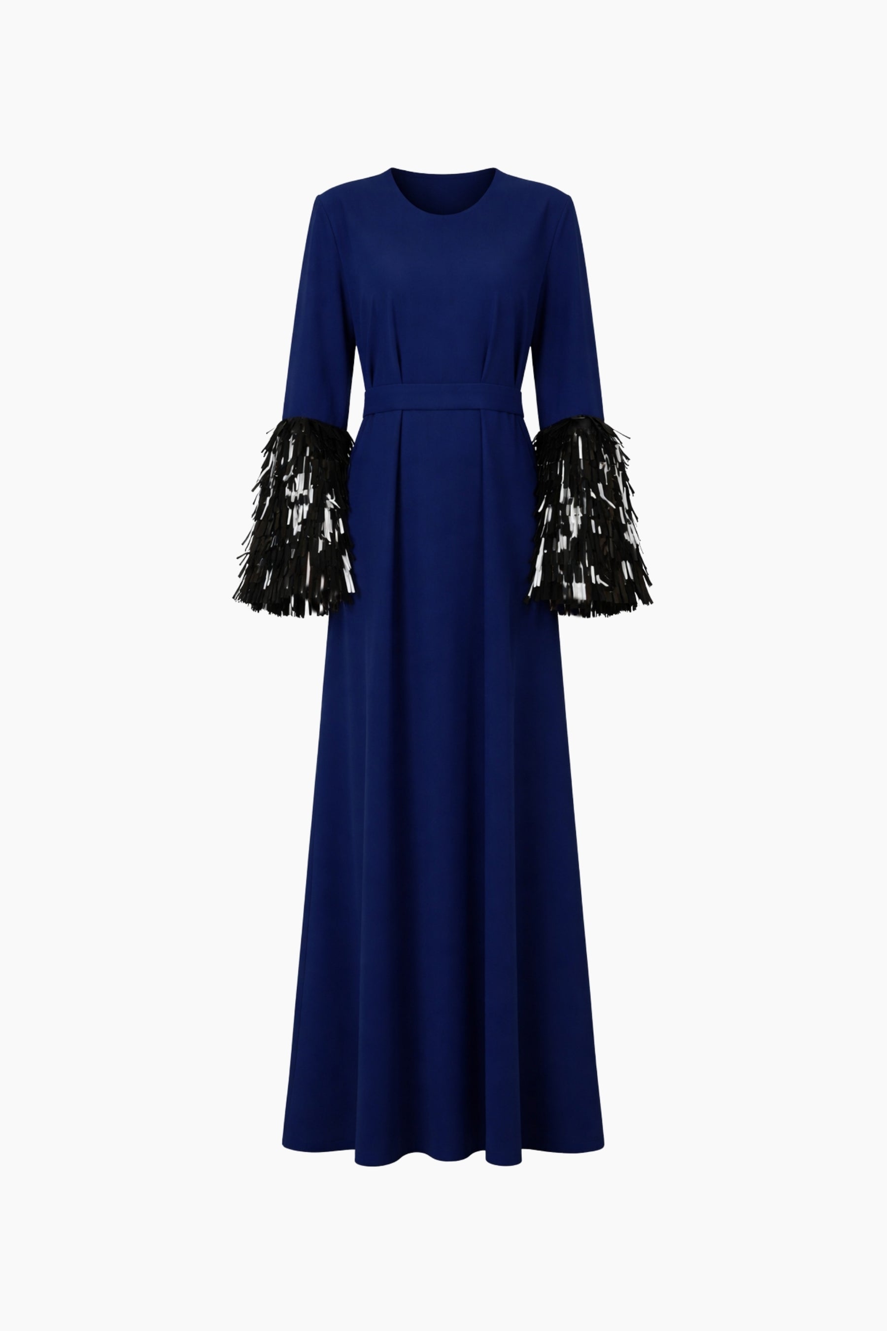 Long blue dress with black and gold embellished sleeves on a white background