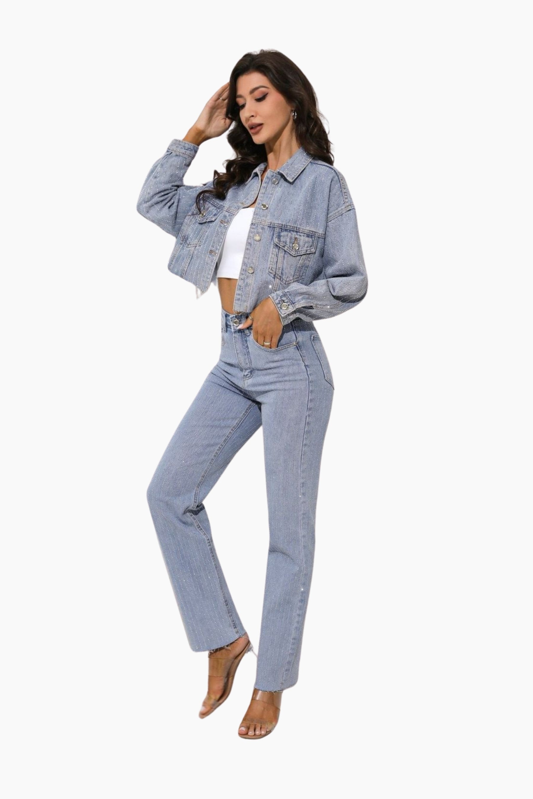 Woman wearing a light blue denim outfit