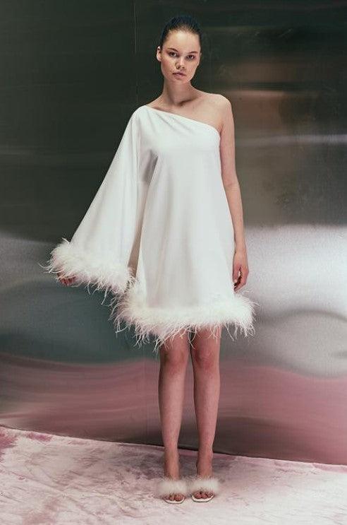 One Shoulder White Feather Dress - FLTRD UAE