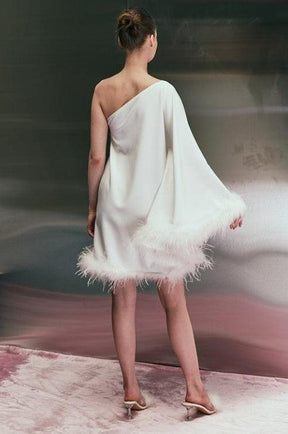 One Shoulder White Feather Dress - FLTRD UAE