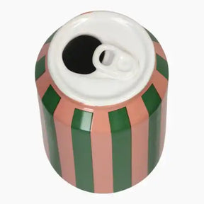 Cylindrical ceramic container with green and pink striped design 