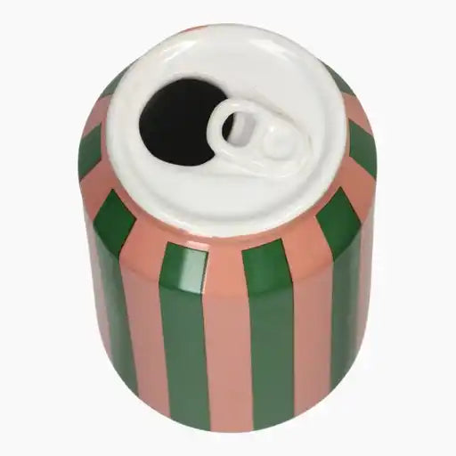 Cylindrical ceramic container with green and pink striped design 