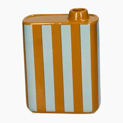 A multi-colored earthenware vase in olive oil shape with stripes
