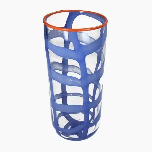 Blue glass tumbler with orange rim 