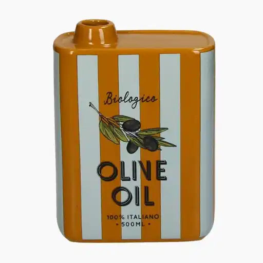 A multi-colored earthenware vase in olive oil shape with stripes