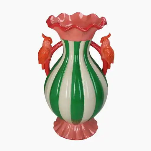 Decorative vase with green and white stripes, red bird figures, and a scalloped red rim 