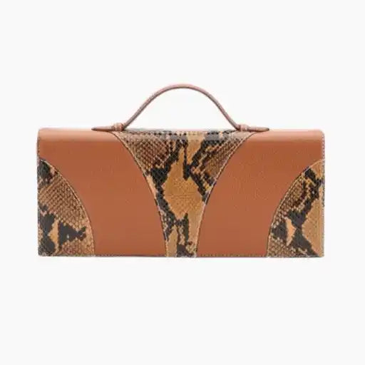 Brown clutch bag with snake print pattern 