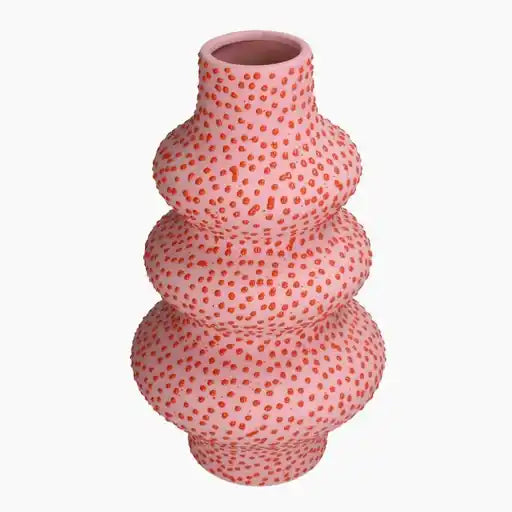 Pink textured vase with red dots 