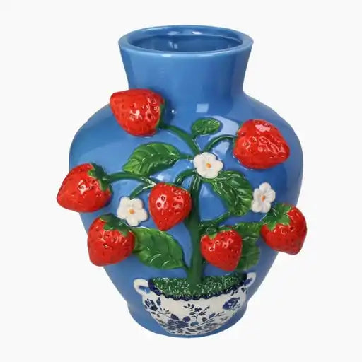 Blue ceramic vase with strawberry design 